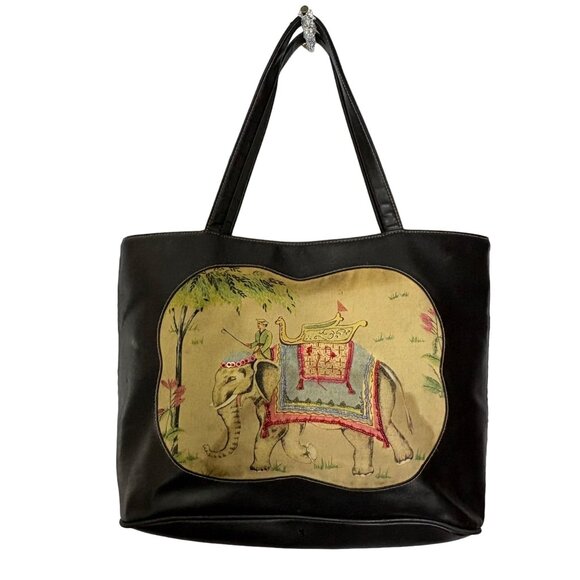 Vintage Tote Bag Black Riding Elephant‎ Faux Leather Beaded Sequins India Mahout - Picture 1 of 13